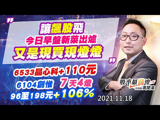 20211118《股市最錢線》#高閔漳，“讓飆股飛，今日早盤新菜出爐，又是現買現燈燈”” 6533晶心科+110元，6104創惟，7天4燈，96至198元+106%”