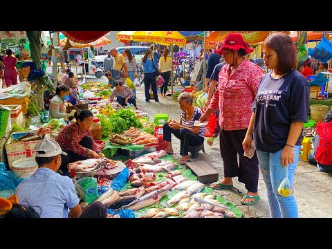 Amazing Cambodian Wet Market Food Scenes & People Activities, Lively Fish, Vegetables, Fruits