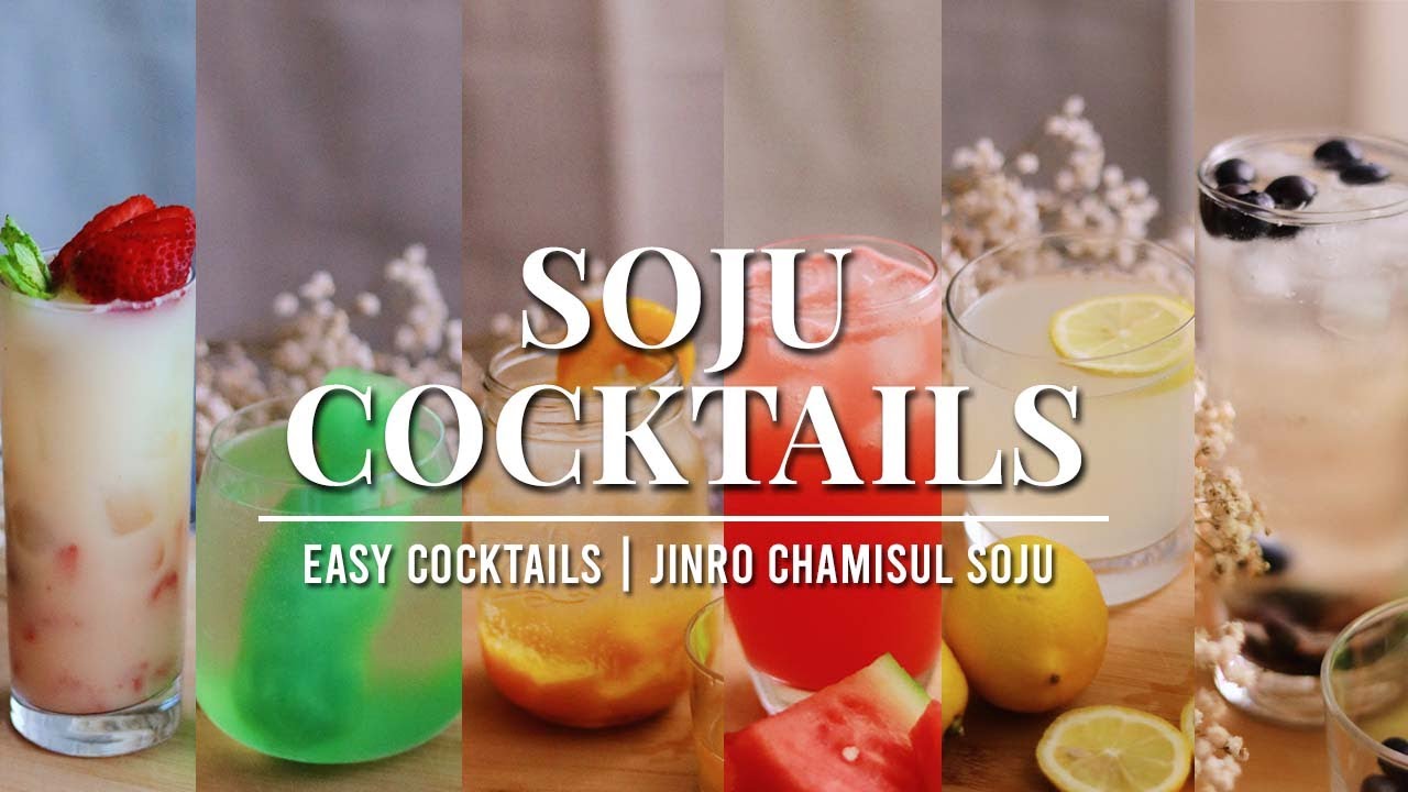 Six Korean soju cocktails in glasses including strawberry pink peach orange and grape purple lined up for a comparison taste test
