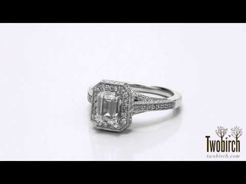 1.6 Ct. Emerald Cut Halo Filigree Vintage Engagement Ring - TwoBirch - TB-ENG-278-WG-I8L