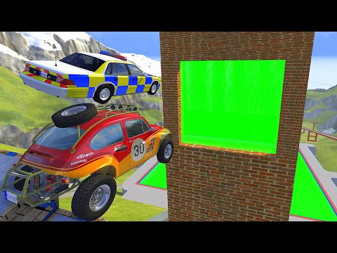 Crazy Vehicle High Speed Jumping through Green Slime Water Wall Crashes - BeamNG drive Jumps In Pool