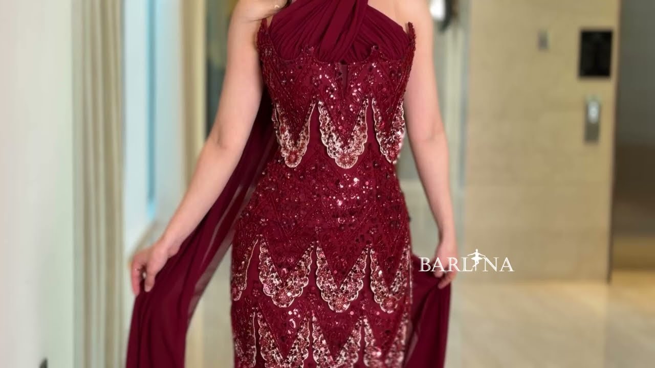 Burgundy evening dress with full embellishment - XXL