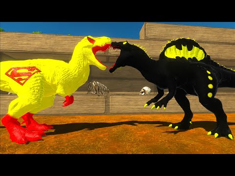 SUPERMAN T-REX vs BATMAN SPINOSAURUS DEATH RUN - Animal Revolt Battle Simulator