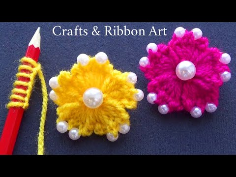 Super Easy Woolen Craft Ideas with Pencil - Hand Embroidery Amazing Trick - DIY Woolen Flowers
