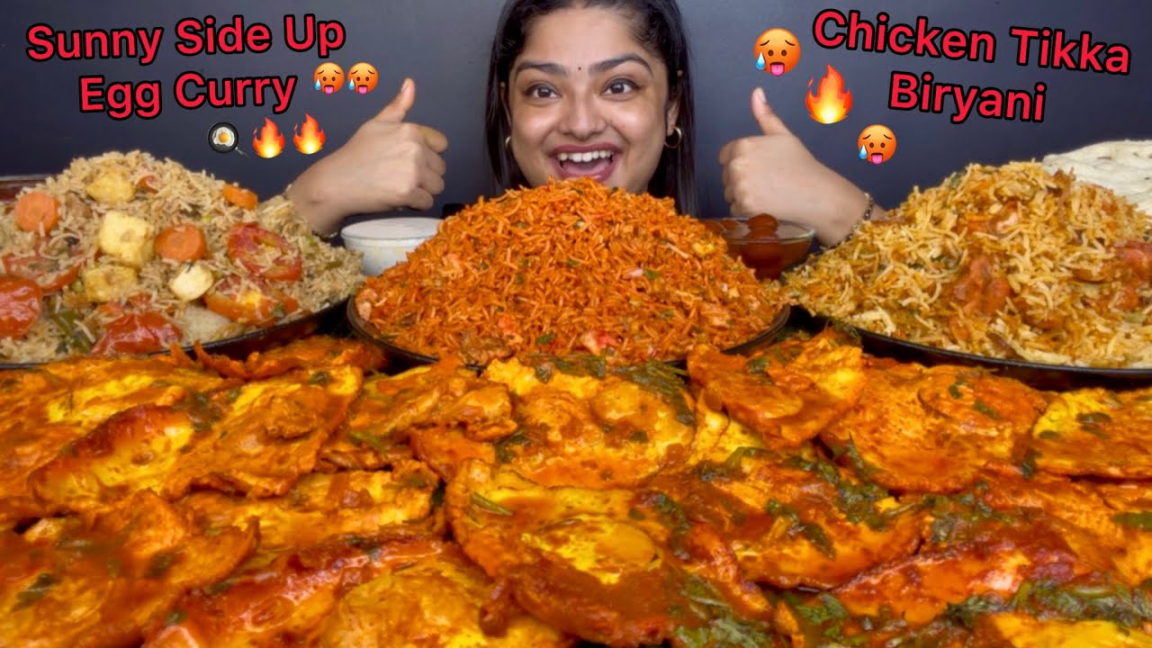SPICY SUNNY SIDE UP EGG CURRY WITH SCHEZWAN FRIED RICE, CHICKEN TIKKA BIRYANI AND VEGETABLE PULAO