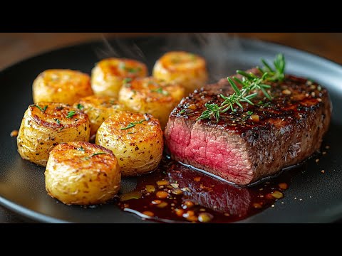 Butterzartes Rinderfilet in Rotwein-Schalotten-Sauce mit knusprigen Kräuter-Kartoffeln