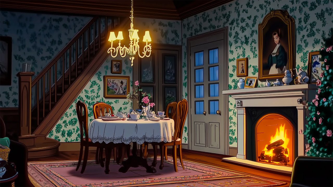 peaceful night in a 1920s manor with oldies playing in another room for unwind, relax