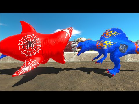 SPIDERMAN MEGALODON vs ALBINO T-REX vs OPTIMUS PRIME SPINOSAURUS DEATH RUN - Animal Revolt Battle Si