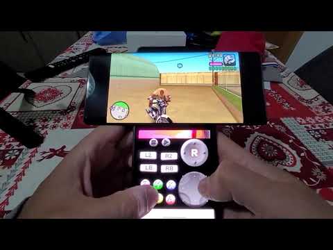 Playing games using "GameKeyboard +" app on the small screen of LG Wing.