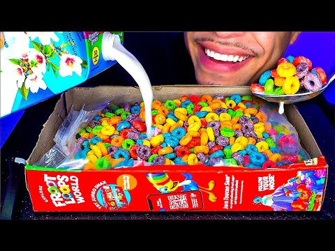 ASMR EATING FROOT LOOPS OUT OF THE BOX MILK POUR SPOON MOUTH SOUNDS NO TALKING LIFE HACK