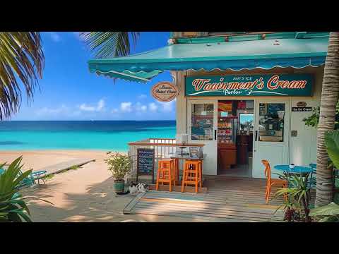 Outdoor Seaside Coffee Shop Ambience with Positive Bossa Nova Jazz Music & Crashing Waves for Relax