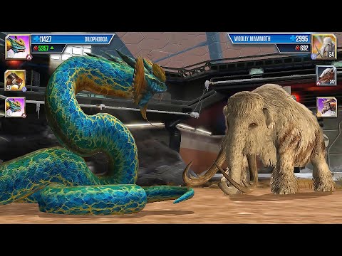 THE HYBRID SNAKE DILOPHOBOA VS WOOLLY MAMMOTH - CENOZOIC BATTLE  JURASSIC WORLD THE GAME | GAMEPLAY
