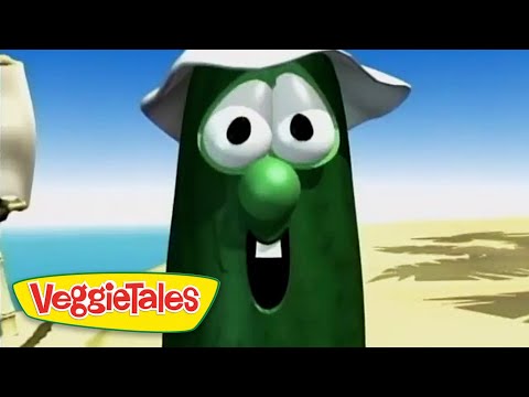 Animated green bean character with a big nose and hat on a sunny beach, VeggieTales logo in the bottom-left.