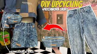 DIY Upcycled Patchwork Denim Skirt + Detachable Bag | Beginner Friendly | Step-By-Step Tutorial