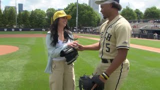 Sports director Baillie Burmaster throws out the first pitch at Tech!