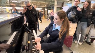 Schoolgirl Stops By The Piano On The Way Home