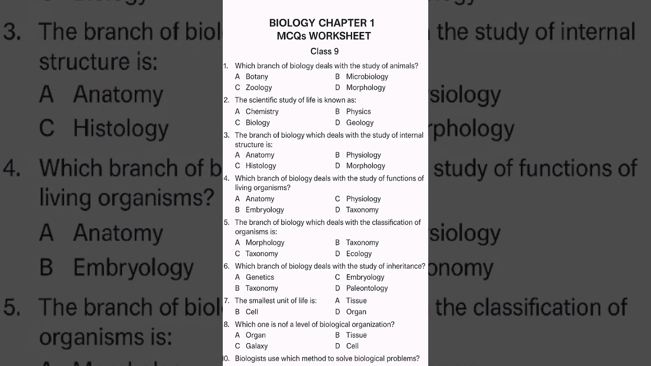 chapter 1 biology mcqs introduction to biology class 9th