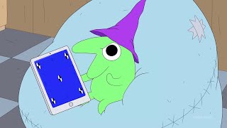 Glep breaking an iPad Smiling Friends blue/red screen