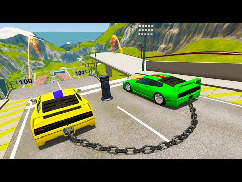 😱Chained Cars vs Bollards - BeamNG.Drive😱