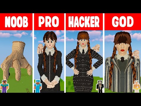 Minecraft WEDNESDAY ADDAMS STATUE HOUSE BUILD CHALLENGE - NOOB vs PRO vs HACKER vs GOD / +Animation