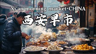 西安早市，小南门早市，肘子夹馍/笼笼肉夹馍/羊肉泡馍/油茶麻花/桂花糕/甑糕/香酥牛肉饼/油塔子等各种美食，处处烟火气，西安街头美食，Xi'an morning market·CHINA