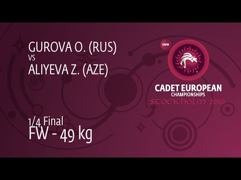 1/4 FW - 49 kg: Z. ALIYEVA (AZE) df. O. GUROVA (RUS) by FALL, 6-4