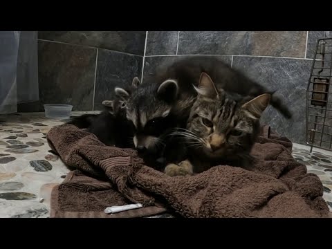 SO CUTE: Momma cat nurses baby raccoon back to health