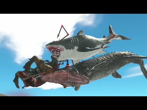 Deadly Battle! TEAM T-REX VS TEAM MUTANT MEGALODON,MOSASAURUS. Animal Revolt Battle Simulator | ARBS