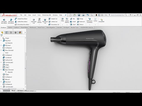 Advanced Surface Modeling - Hair Dryer - SolidWorks Tutorial
