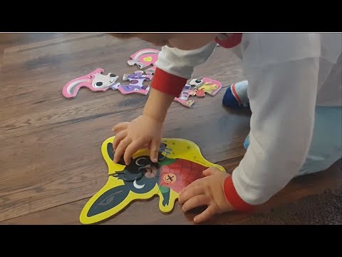 Dziecko 22 miesiące układa puzzle Bing, Sula, Pando, Koko i Czarli