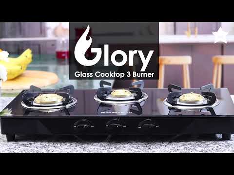 Glory 3 Burner Glass Cooktop, Black 8mm Toughened Glass with 2 Years Warranty, Ergonomic Knobs, Stainless Steel Drip Tray, Manual Ignition Gas Stove