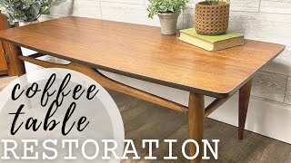 FURNITURE RESTORATION- scraping, sanding, staining a walnut veneer coffee table