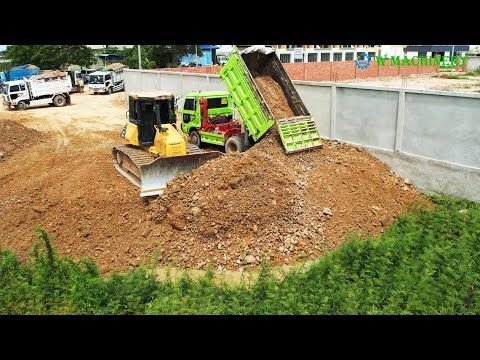 The Greatest Activities Operator Bulldozer Komatsu Pushing Rocks Soil & Dump Truck Unloading Soil