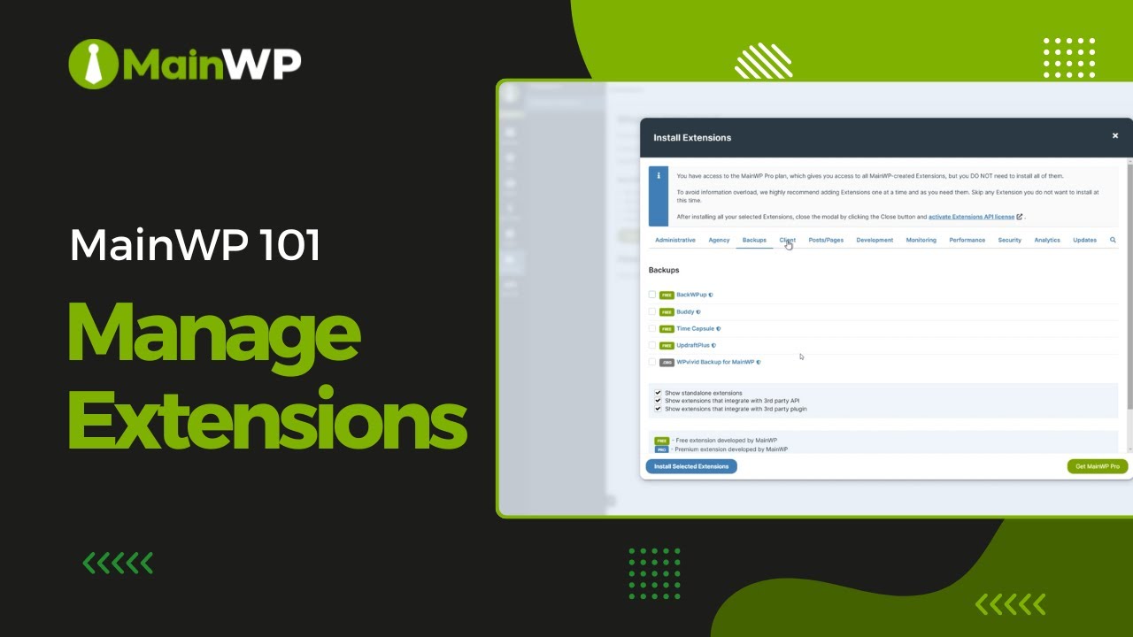 Manage Extensions - MainWP 101