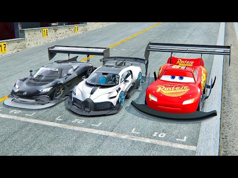 Lightning McQueen GTR vs Bugatti Divo GTR vs Mercedes GTR Project One - Drag Race