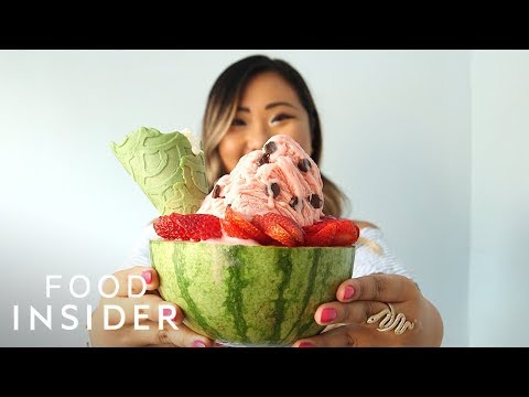 Shaved Ice Cream Is Served In A Watermelon