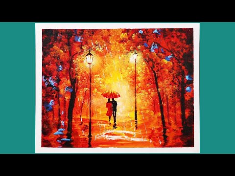romantic rainy night acrylic painting|How To Draw A Rainy Day|easy flower painting for beginners