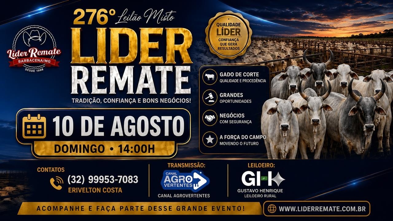 276º LEILÃO MISTO LÍDER REMATE - SÃO JOÃO DEL REI/MG - 10/08/2026