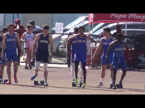 Jose Rubio (Lane 4) VarB 100m vs Fountain Valley & Newport Harbor 3-29-17   Los Alamitos Boys