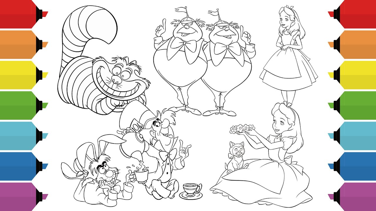 Alice in Wonderland Disney Coloring Pages | Alice, Cheshire Cat, Mad Hatter, March Rabbit