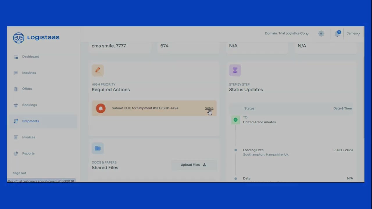 Logistaas product dashboard, from official YouTube demo