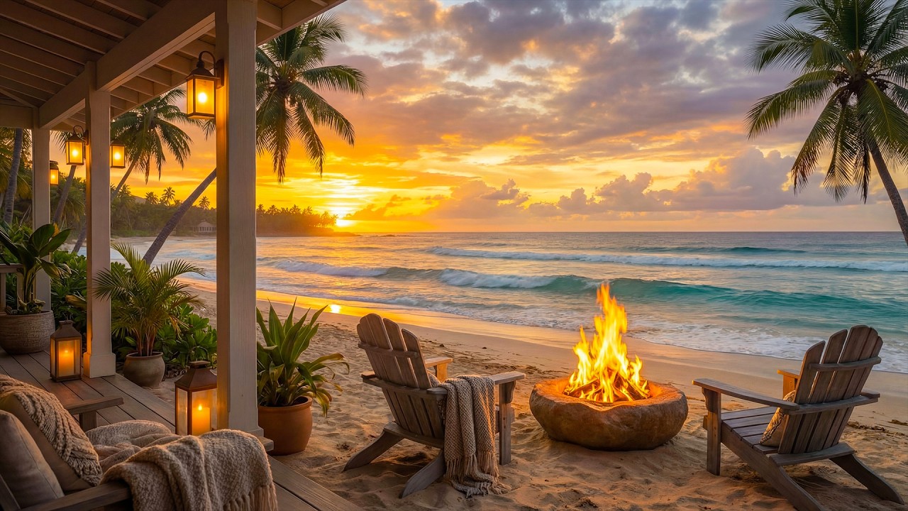 Summer Beach Sunset Campfire Escape 🌴🔥 Relaxing Ocean Waves & Nature Sounds for Sleep