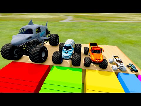 Big Megalodon vs Medium vs Small Monster Trucks with Portal Beamng drive