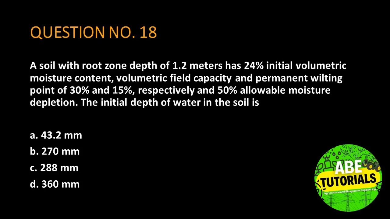 A soil with root zone depth of 1.2 meters has 24% initial volumetric moisture content, volumetric fi