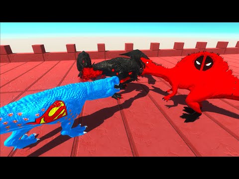 SUPERMAN T-REX and DEADPOOL SPINOSAURUS vs 3X DARK T-REX DEATH RUN - Animal Revolt Battle Simulator
