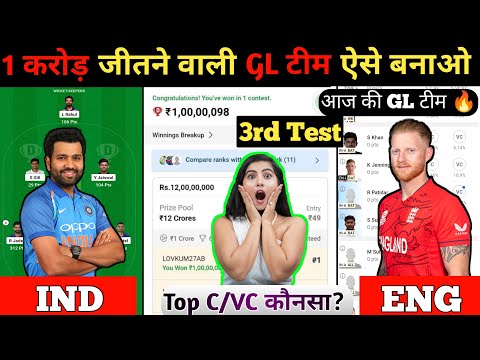 India vs England 3rd Test Match Dream11 team, ind vs eng today GL team,eng vs ind test pitch report