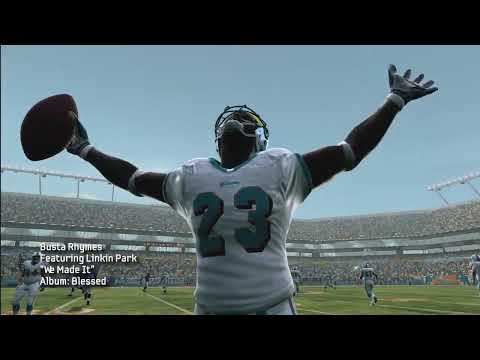 Madden NFL 09 trailer showing Favre art, NFL shield and EA Sports branding with rock backing track