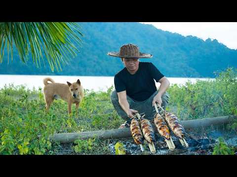 Exploring the forest for natural food - Fishing, grilling fish outdoors, wilderness survival