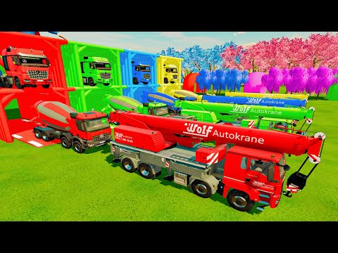 TRANSPORTING AL COLORFUL SCANIA CRANE TRUCK, VOLVO MIXER TRUCK TO GARAGE WITH FLATBED TRAILER TRUCK