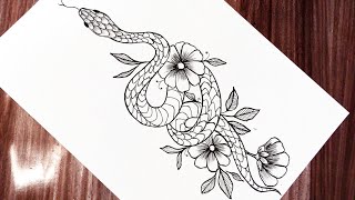 How to draw a snake tattoo || snake with flowers drawing|| tattoo drawing